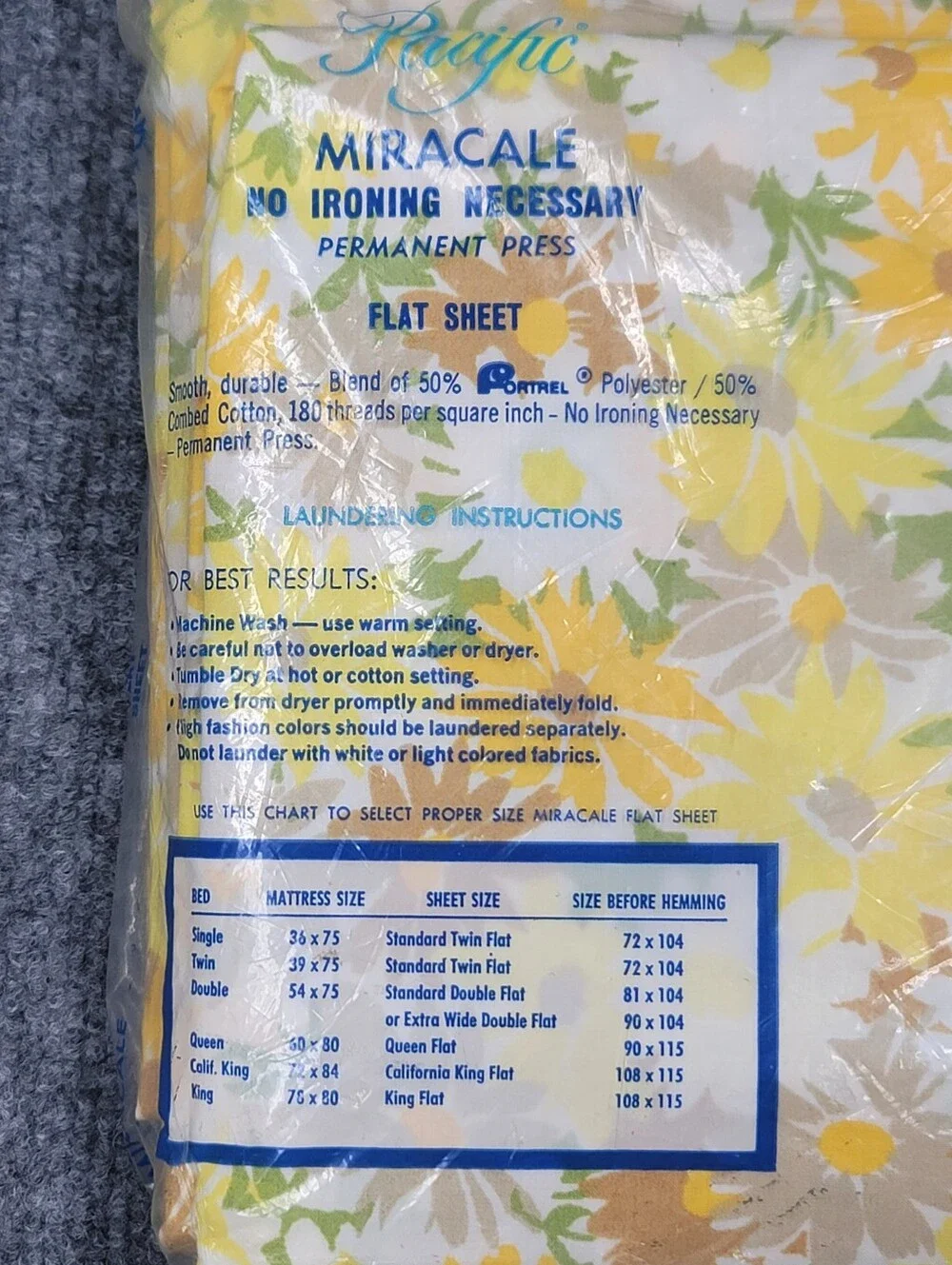 NOS Vintage 70s Pacific Miracle No-Iron King Fitted Sheet Yellow Floral Fortrel